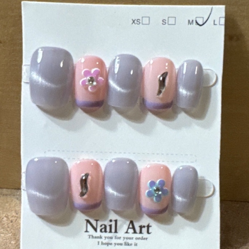 Lavender Peach Cat Eye Press On Nails 3D Flower Silver Swirl Short Square Size M
